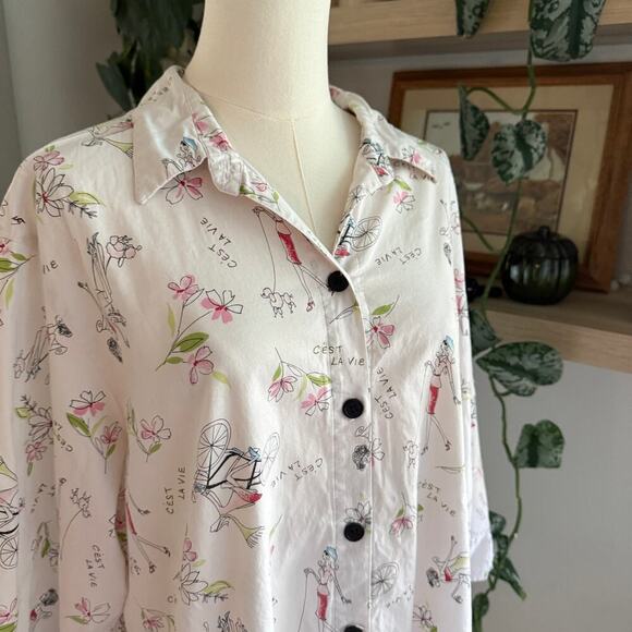 Vintage Parisian Print Button Down Shirt Women 1X White Retro Novelty Artsy Chic - Picture 3 of 9